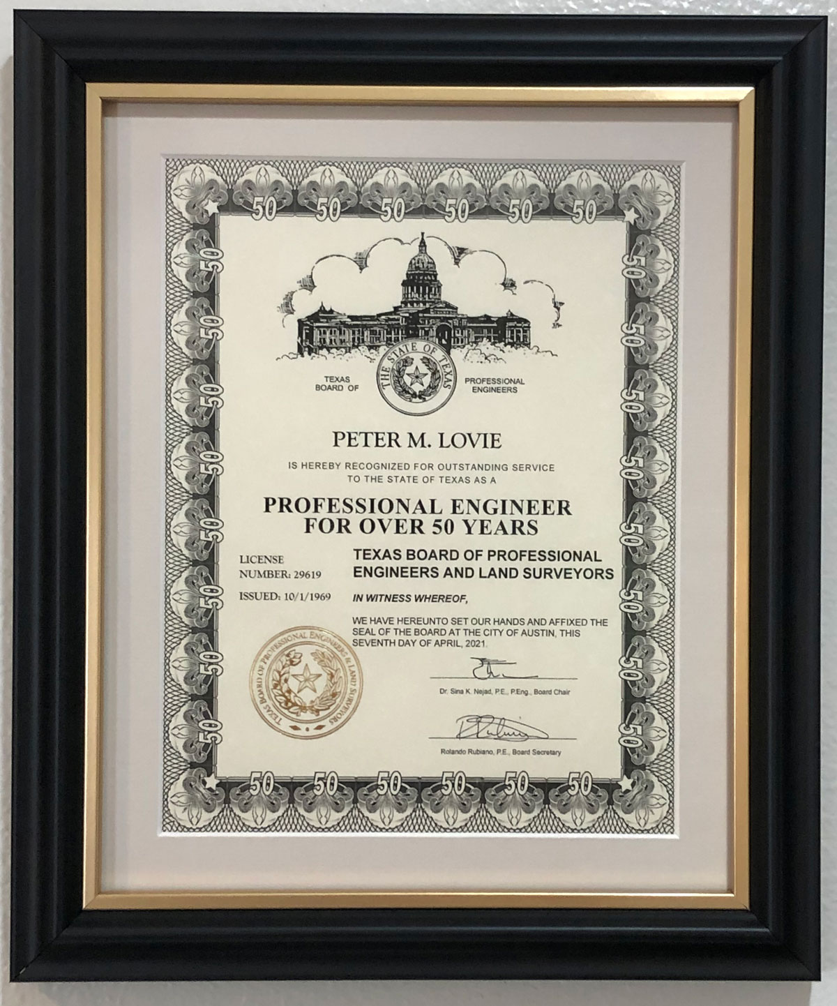 Texas Board of Profesional Engineers and Land Surveyors 50 Years Certificate